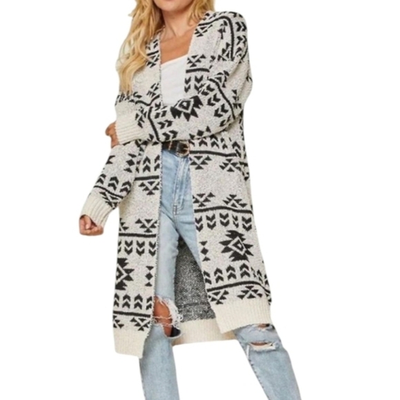 Savanna Jane Long Cardigan Aztec Southwest Boho Black/Cream Open Duster Sz L - Picture 1 of 9